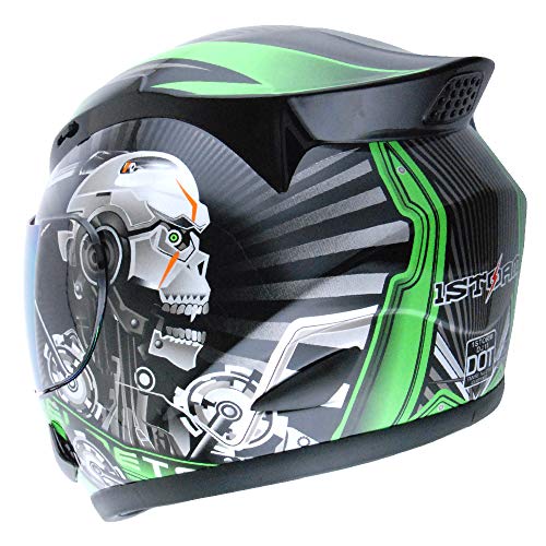1Storm Motorcycle Bike Full FACE Helmet Mechanic Skull Green - Image 4