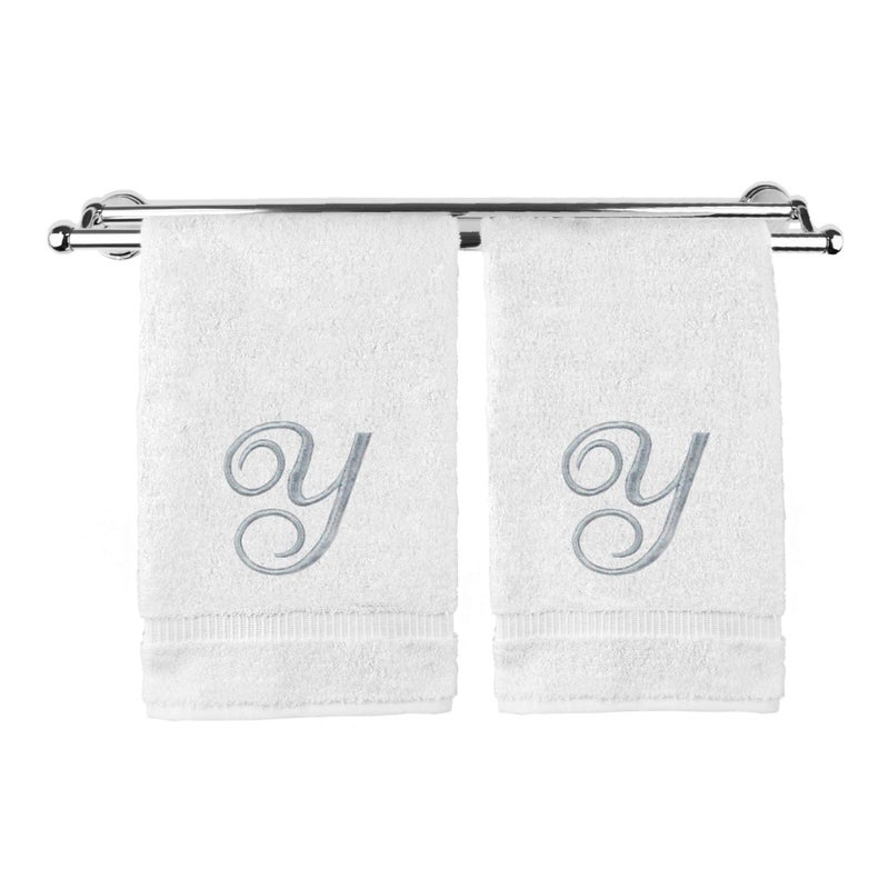BC BARE COTTON Monogrammed Hand Towel  Personalized Gift  16 x 30 Inches - Set of 2 - Silver Embroidered Towel - Extra Absorbent 100% Turkish Cotton- Soft Terry Finish - For Bathroom  Kitchen and Spa- Script Y White - Image 1
