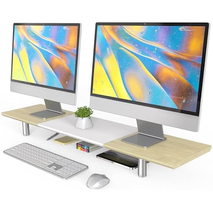 rayihni LARGE MONITOR STAND 100 CM DUAL MONITOR STANDS RISER WITH HEIGHT-ADJUSTABLE LEG, MULTIFUNCTIONAL COMPUTER STAND FOR PC/LAPTOP/TV, 100 X 23.5 X (9.2-11.2) CM, WHITE + OAK - Image 1