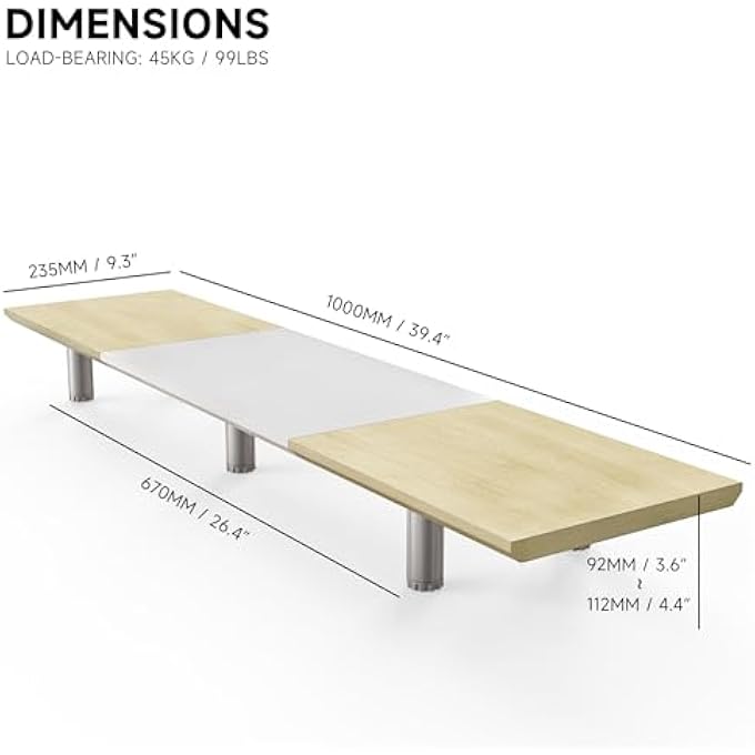 rayihni LARGE MONITOR STAND 100 CM DUAL MONITOR STANDS RISER WITH HEIGHT-ADJUSTABLE LEG, MULTIFUNCTIONAL COMPUTER STAND FOR PC/LAPTOP/TV, 100 X 23.5 X (9.2-11.2) CM, WHITE + OAK - Image 3