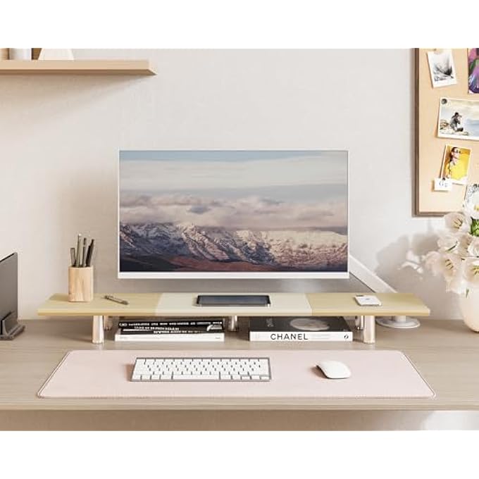 rayihni LARGE MONITOR STAND 100 CM DUAL MONITOR STANDS RISER WITH HEIGHT-ADJUSTABLE LEG, MULTIFUNCTIONAL COMPUTER STAND FOR PC/LAPTOP/TV, 100 X 23.5 X (9.2-11.2) CM, WHITE + OAK - Image 2