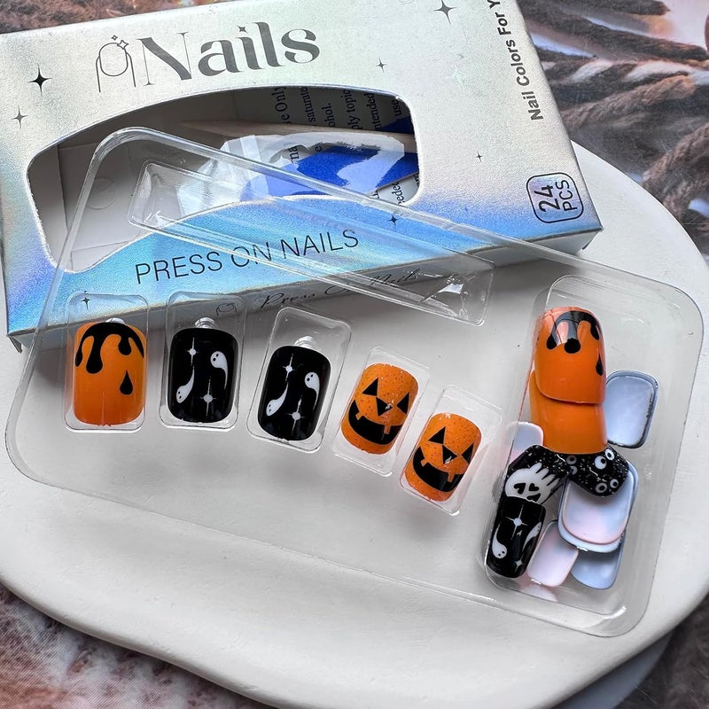 WULIUFLY Year round in stock Halloween Short Fake Nails: Square Glitter Acrylic Nails - Pumpkin Cobweb Ghost Designs, Orange Press Ons for Women's Manicure Decorations Multi-use qualified quality - Image 4