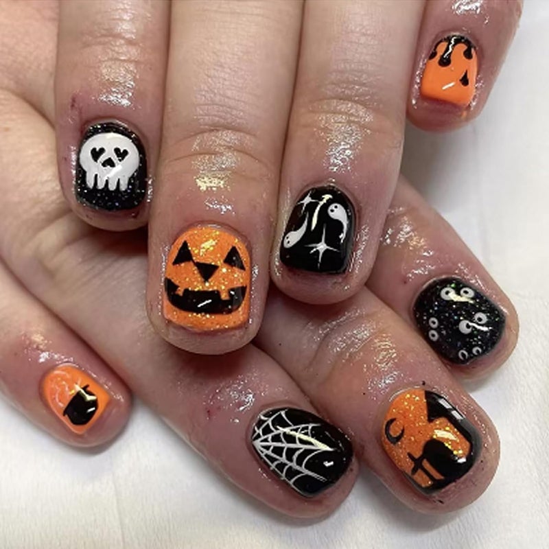 WULIUFLY Year round in stock Halloween Short Fake Nails: Square Glitter Acrylic Nails - Pumpkin Cobweb Ghost Designs, Orange Press Ons for Women's Manicure Decorations Multi-use qualified quality - Image 1