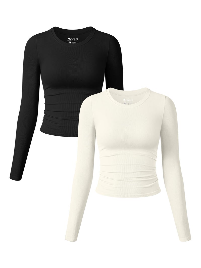 OQQ Womens 2 Piece Shirts Long Sleeve Crew Neck Ruched Stretch Basic Fitted Tee Shirts Tops Black Beige - Image 1