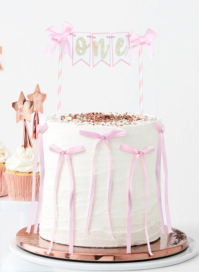 FujDun Pink Bow First Birthday Cake Topper, Pearl Ribbon Bow 1st Birthday Cake Topper Cake Decorations for Party Supplies - Image 3