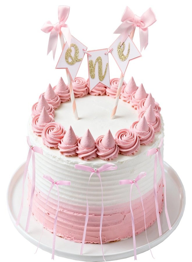 FujDun Pink Bow First Birthday Cake Topper, Pearl Ribbon Bow 1st Birthday Cake Topper Cake Decorations for Party Supplies - Image 1