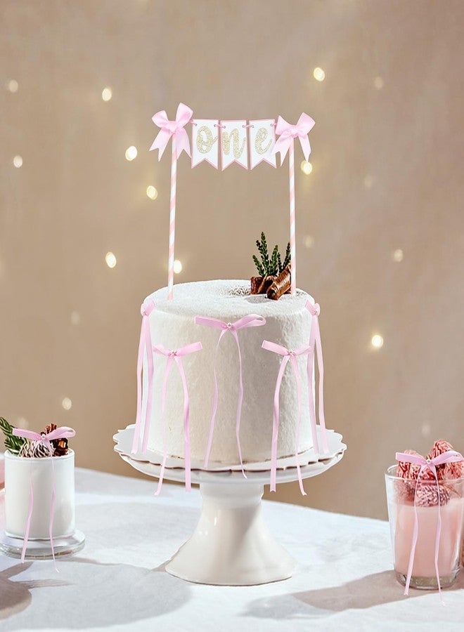 FujDun Pink Bow First Birthday Cake Topper, Pearl Ribbon Bow 1st Birthday Cake Topper Cake Decorations for Party Supplies - Image 4
