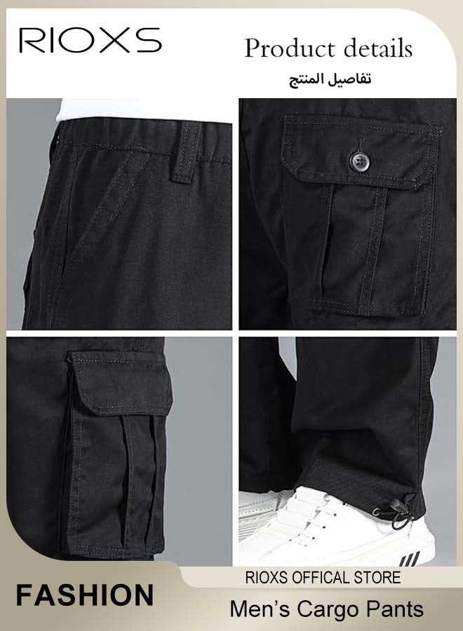 RIOXS Men's Cargo Pants, Casual Workout Joggers with Multi Pockets for Men, Open Bottom Elastic Waist Jogger Pants with Belt, Comfortable Sweatpants Men's Athletic Outdoor Trousers, Trendy Cargo Pants Sports Pants for Running, Hiking, Fishing, Cycling, Working Outdoors, Eexercising and More, Black - Image 3