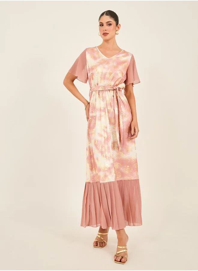 Styli Printed Short Sleeves V-Neck A-Line Maxi Dress