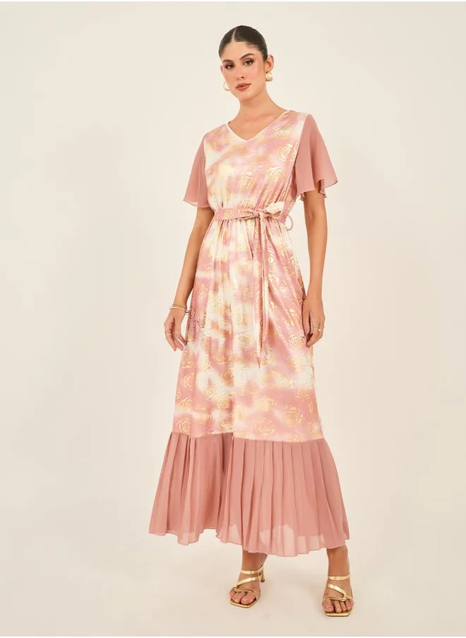 Styli Printed Short Sleeves V-Neck A-Line Maxi Dress