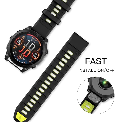 OVERSTEP Compatible with Fenix 8 47mm Watch Bands, 22mm Soft Siliocne Strap for Garmin Fenix 5/Fenix 5 Plus/Fenix 6/Fenix 6 Pro/Fenix 7 Smartwatch(Black, Lime) - Image 3