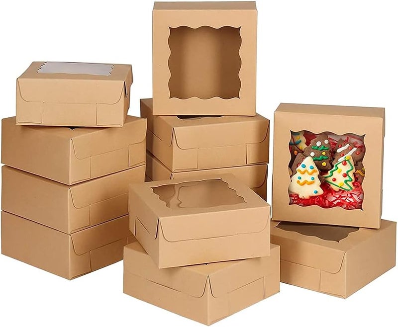 Luckam Cake Box, Brown Cookie Boxes with PVC Window Paper Bakery Boxes Pastry Boxes Cupcake Boxes, for Pies, Donuts, Cookies and Muffins, Small Natural Craft Paper Box (20 Pcs, 4 x 4 x 2.5 Inches) - Image 1