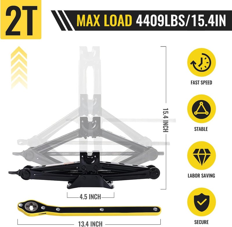 Rarapop Car Jack Kit, Scissor Jack for 2 Ton (4409 lbs) with Ratchet Wrench, Lift Jacks Tool for Tire Changing Repair with Labor-Saving Handle, Portable Emergency Tool for Car SUV - Image 2