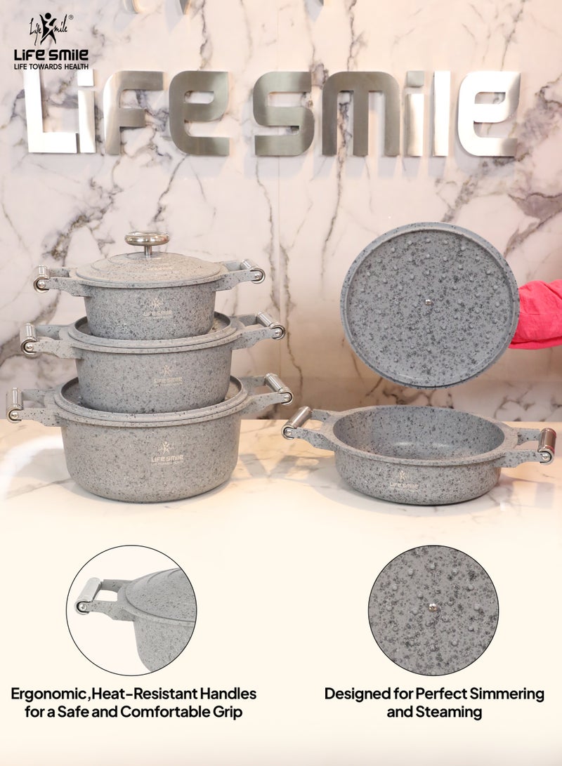 Life Smile طقم أواني الطهي 8 قطع - طقم قدر ومقالي غير لاصقة من الجرانيت، 100% خالية من PFOA - طواجن آمنة للاستخدام في الفرن، أواني طهي بمقابض من الفولاذ المقاوم للصدأ، طقم طهي بقاعدة تحريضية يتضمن قدر شوربة 20/24/28 سم ووعاء ضحل 26 سم - Image 5