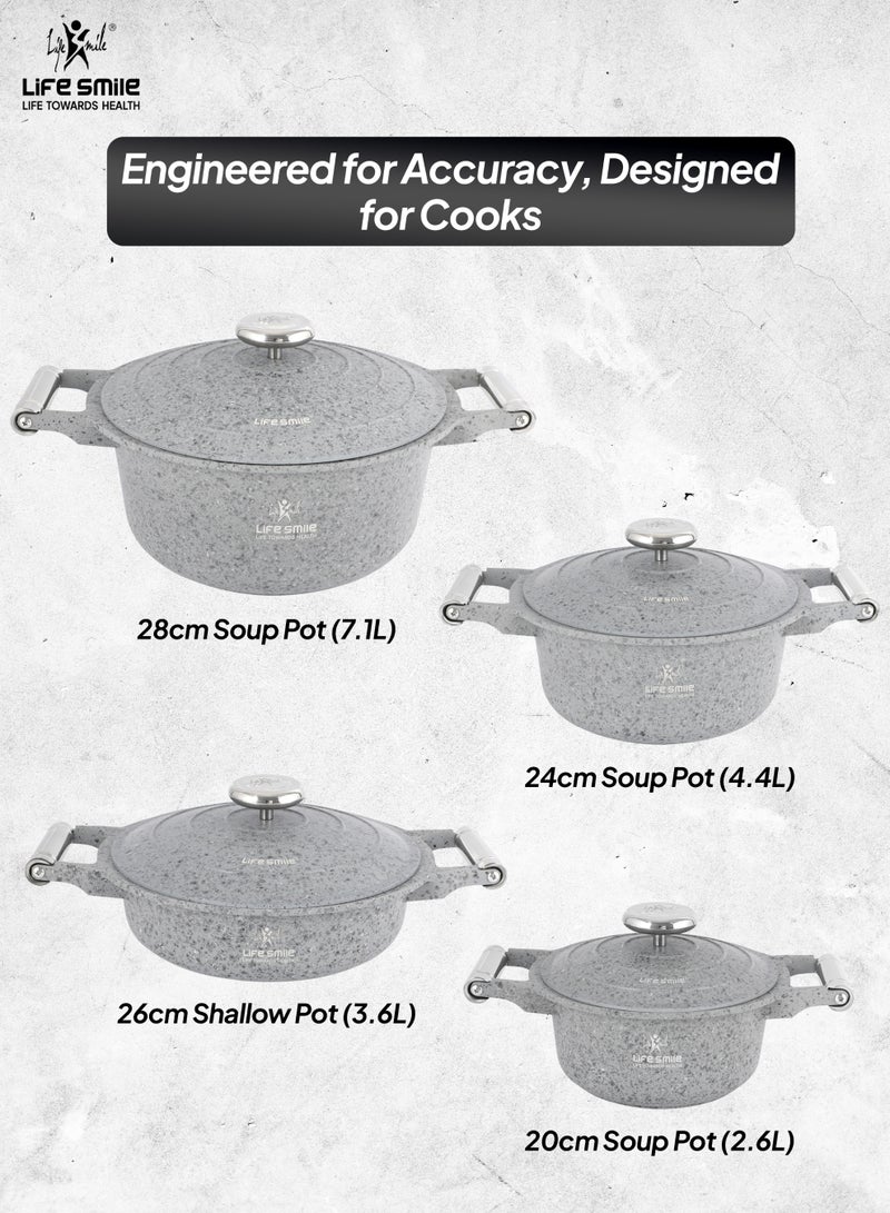 Life Smile طقم أواني الطهي 8 قطع - طقم قدر ومقالي غير لاصقة من الجرانيت، 100% خالية من PFOA - طواجن آمنة للاستخدام في الفرن، أواني طهي بمقابض من الفولاذ المقاوم للصدأ، طقم طهي بقاعدة تحريضية يتضمن قدر شوربة 20/24/28 سم ووعاء ضحل 26 سم - Image 3