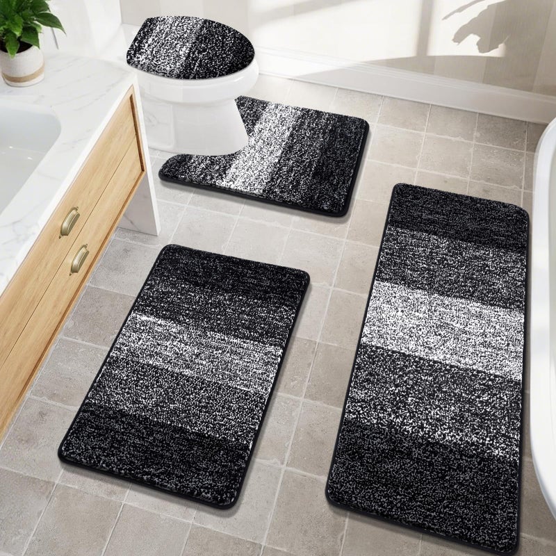 Bsmathom Bath Rug Set 4 Piece with Toilet Lid Cover and Rug Set Non Slip Bath Mats Soft Shaggy Absorbent Bathroom Mat with UShaped Toilet Mat for Bathroom Tub and Shower Black