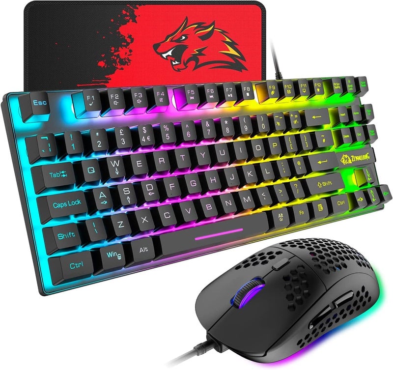 FELICON Gaming Keyboard and Mouse Combo,88 Keys Compact Rainbow Backlit Mechanical Feel Keyboard,RGB Backlit 6400 DPI Lightweight Gaming Mouse with Honeycomb Shell for Windows PC Gamers (Black) - Image 1