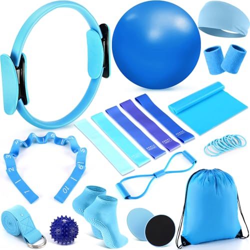 Poen 18 Pcs Home Pilates Ball and Ring Circle Set Yoga Fitness Essentials Kit with 5 Resistance Band Stretching Strap Non Slip Sock Ball Core Slider Wristband Headband Gym Bag for WomenBlue - Image 1