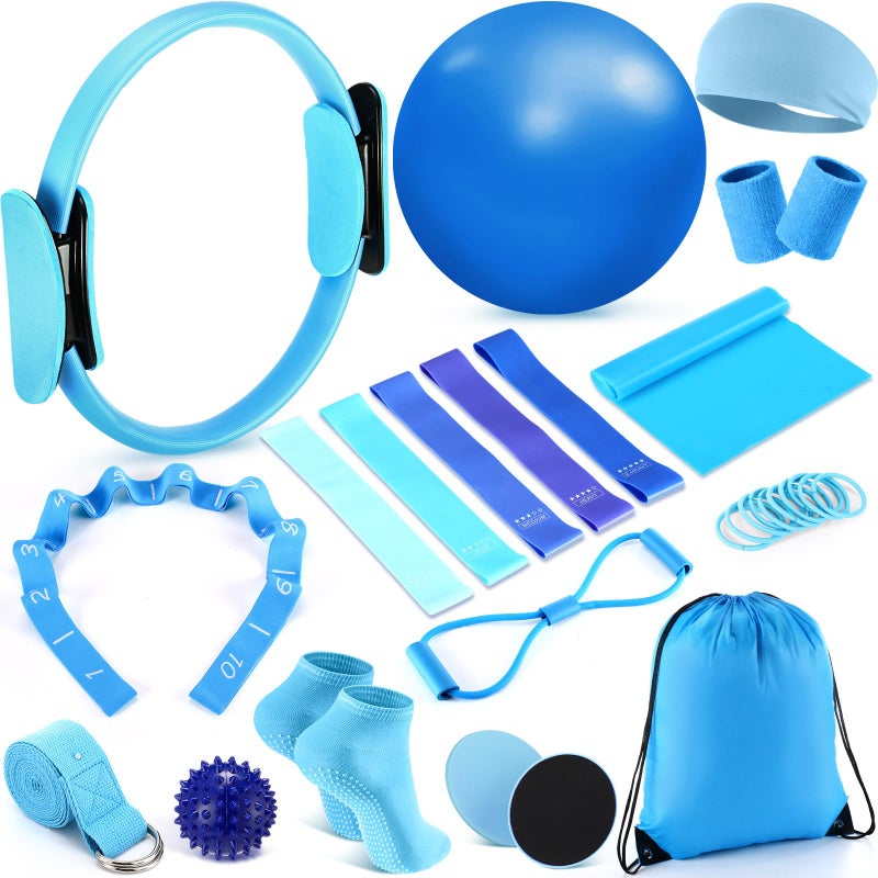Poen 18 Pcs Home Pilates Ball and Ring Circle Set Yoga Fitness Essentials Kit with 5 Resistance Band Stretching Strap Non Slip Sock Ball Core Slider Wristband Headband Gym Bag for WomenBlue - Image 2