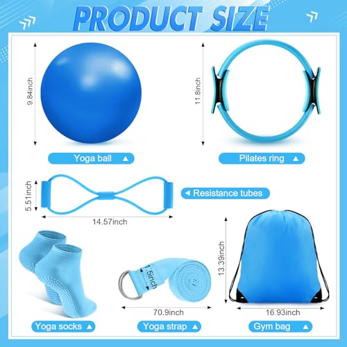 Poen 18 Pcs Home Pilates Ball and Ring Circle Set Yoga Fitness Essentials Kit with 5 Resistance Band Stretching Strap Non Slip Sock Ball Core Slider Wristband Headband Gym Bag for WomenBlue - Image 3