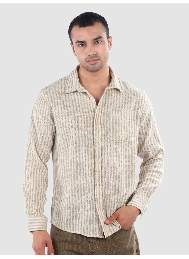 Beyoung Beige Single Stripe Cotton Shirt