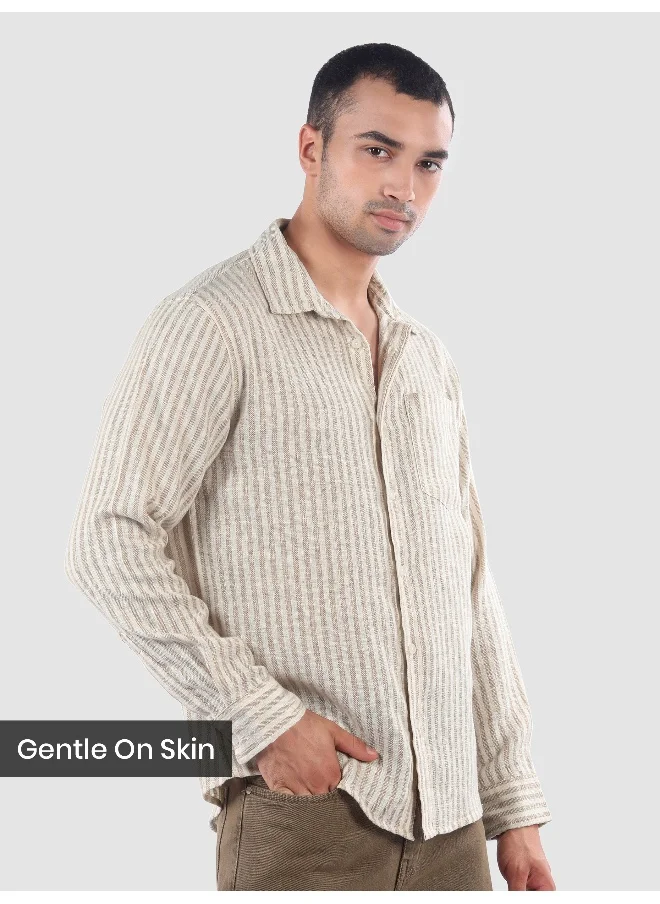 Beyoung Beige Single Stripe Cotton Shirt