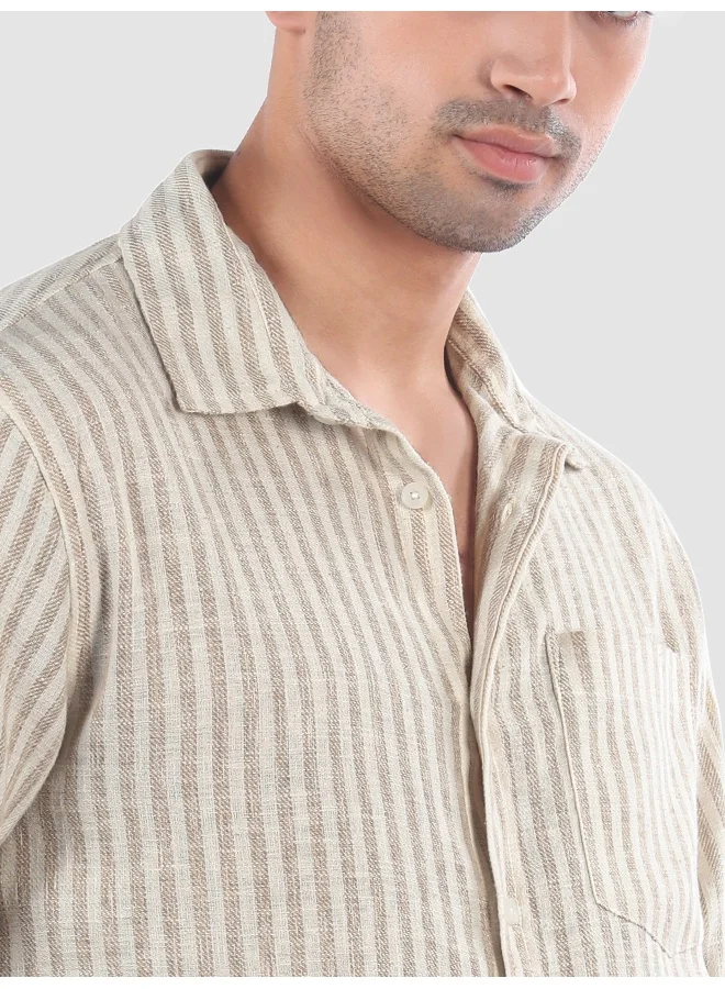Beyoung Beige Single Stripe Cotton Shirt