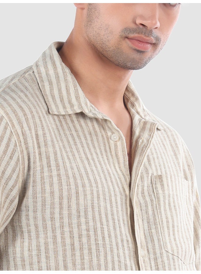 Beyoung Beige Single Stripe Cotton Shirt - Image 4