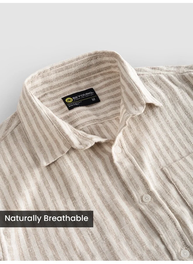 Beyoung Beige Single Stripe Cotton Shirt