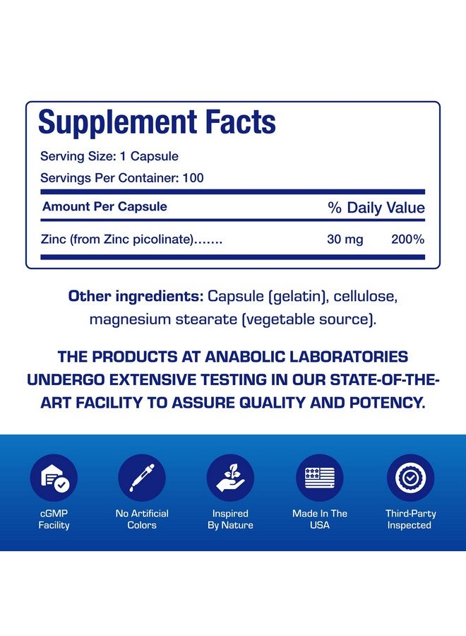 Anabolic Laboratories Chelated Zinc Picolinate 30mg - Clinically Formulated High Potency Zinc Supplement for Women & Men for Healthy Skin Bone & Immune System Support - Vegan Non-GMO & Easy to Swallow - 100 Servings - Image 4
