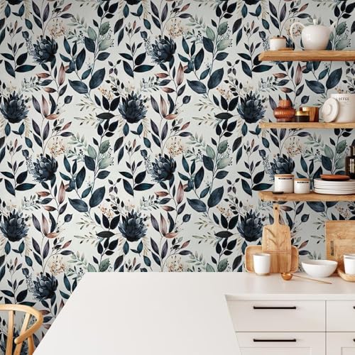 MuralPeel Dark Blue/Yellow Leaf Floral Vintage Ink Navy Plant Peel and Stick Wallpaper Easy Peel Off Self Adhesive Removable Stick on Wall Paper for Kitchen Cabinet Renter Friendly - Image 3