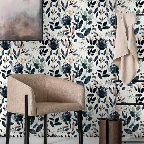 MuralPeel Dark Blue/Yellow Leaf Floral Vintage Ink Navy Plant Peel and Stick Wallpaper Easy Peel Off Self Adhesive Removable Stick on Wall Paper for Kitchen Cabinet Renter Friendly - Image 2