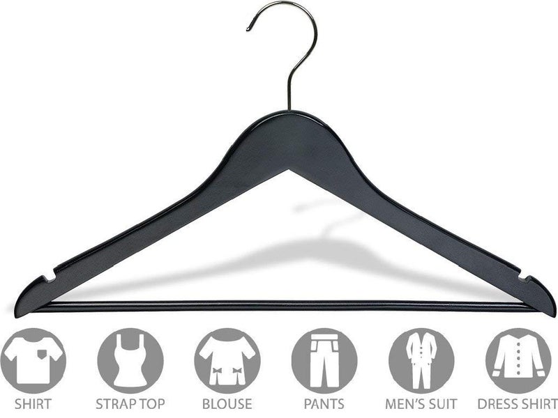 Ash  Roh Ash & Roh® - Wooden Suit Hangers with Non Slip Pants Bar Smooth Finish Solid Wood Coat Hanger 360° Swivel Hook Precisely Cut Notches for Camisole, Clothes Hangers (20, BLACK HANGER) - Image 5
