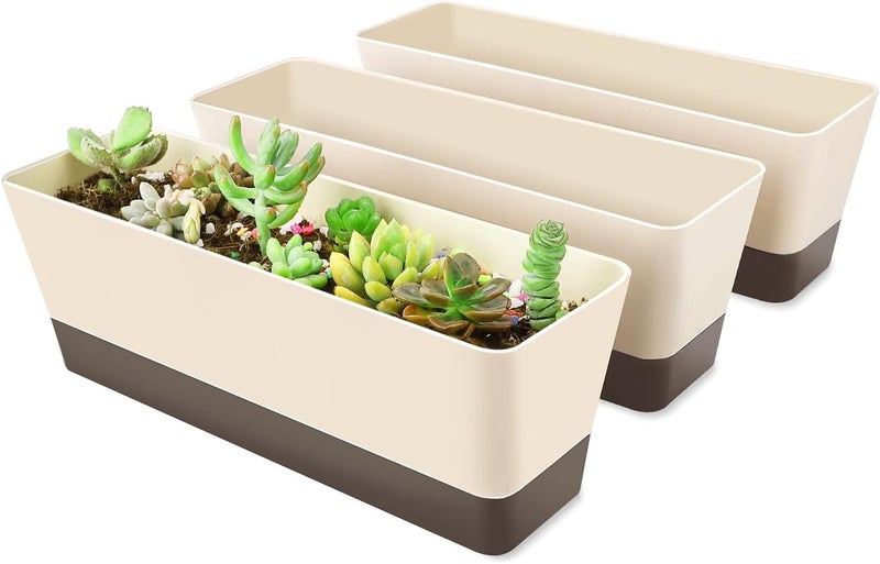 Suream 3 Pack Indoor Window Box Planter, 12x3.8 Inch Rectangle Herb Planter with Tray, Modern Small Succulent Cactus Flower Plastic Plant Pot for Window Sill, Garden Balcony, Office Shelf Decoration - Image 1