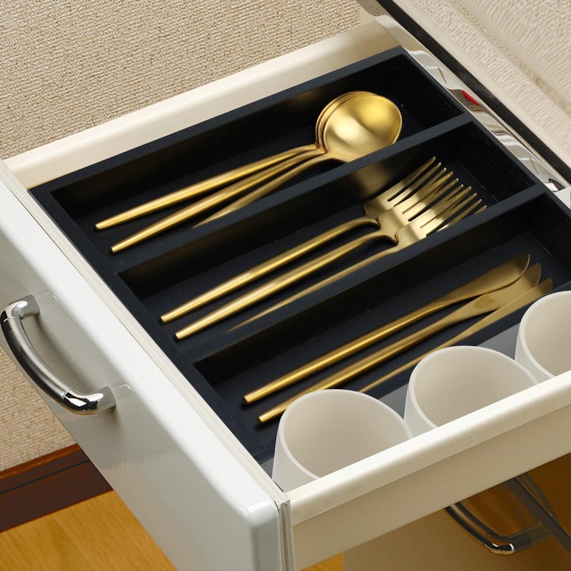 Hilislog Small Silverware Drawer Organizer Kitchen Utensils Bamboo Cutlery Tray Narrow Flatware Organizer For Drawer Skinny Spoon Fork Holder Drawers Slim Silverware Tray Black Flatware Cutlery Organizer - Image 2