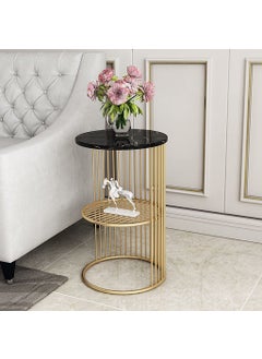 BULKWOOD Round End Table Coffee Table Wooden Table Top with Marble Finish Gold Metal Frame Sofa Side Table for Small Spaces Coffee Table for Living Room Bedroom and Balcony Gold Black