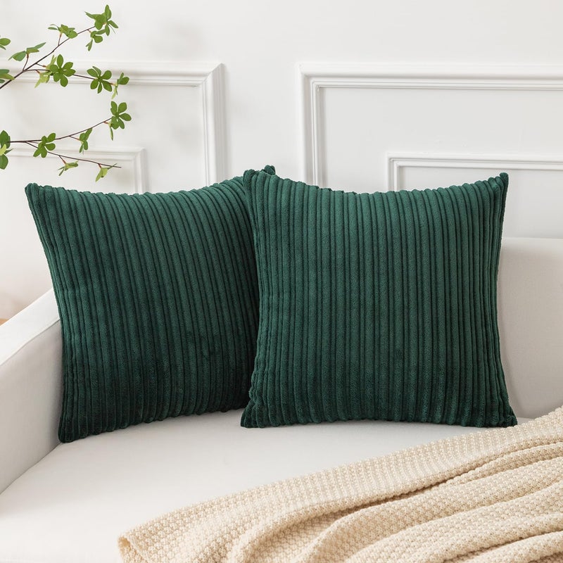 K KEVIN TEXTILE Kevin Textile Large Throw Pillow Covers for Living Room Striped Plush Green Corduroy Pillow Covers for Spring Travel  24 x 24 Inch  Dark Green  - Image 1