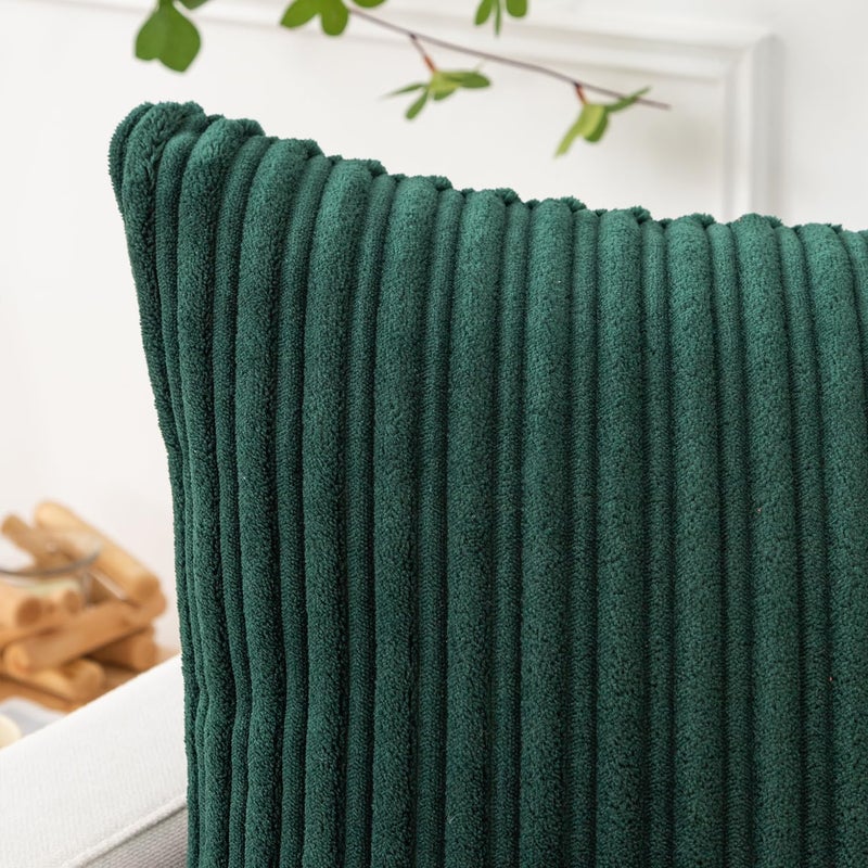 K KEVIN TEXTILE Kevin Textile Large Throw Pillow Covers for Living Room Striped Plush Green Corduroy Pillow Covers for Spring Travel  24 x 24 Inch  Dark Green  - Image 3
