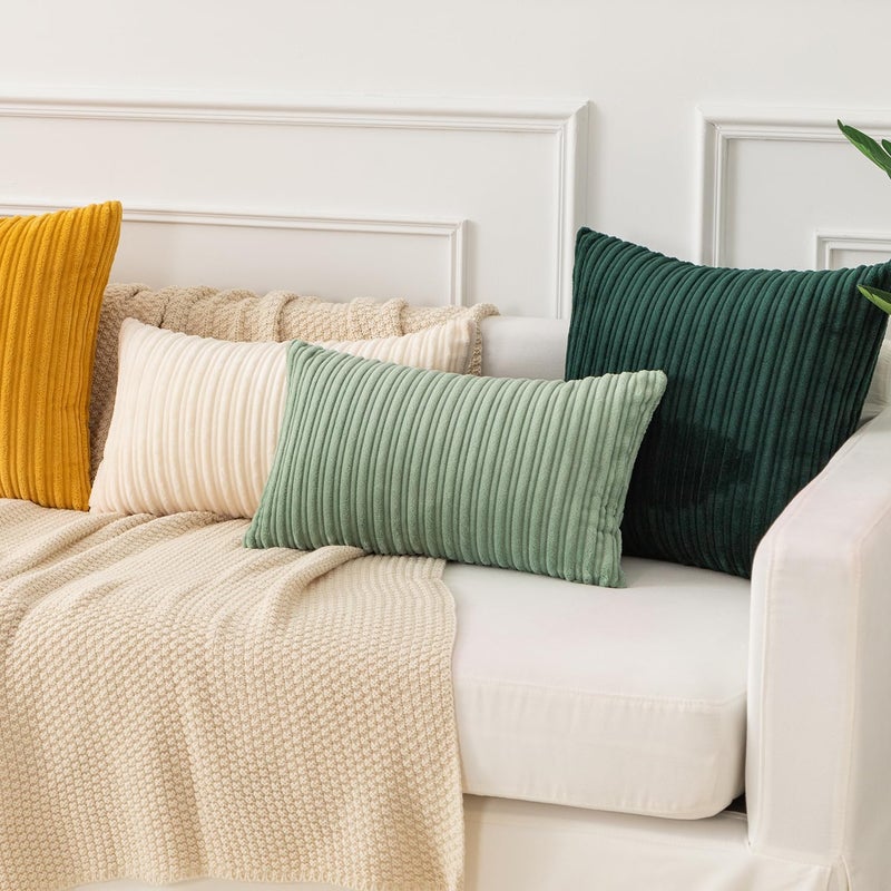 K KEVIN TEXTILE Kevin Textile Large Throw Pillow Covers for Living Room Striped Plush Green Corduroy Pillow Covers for Spring Travel  24 x 24 Inch  Dark Green  - Image 5
