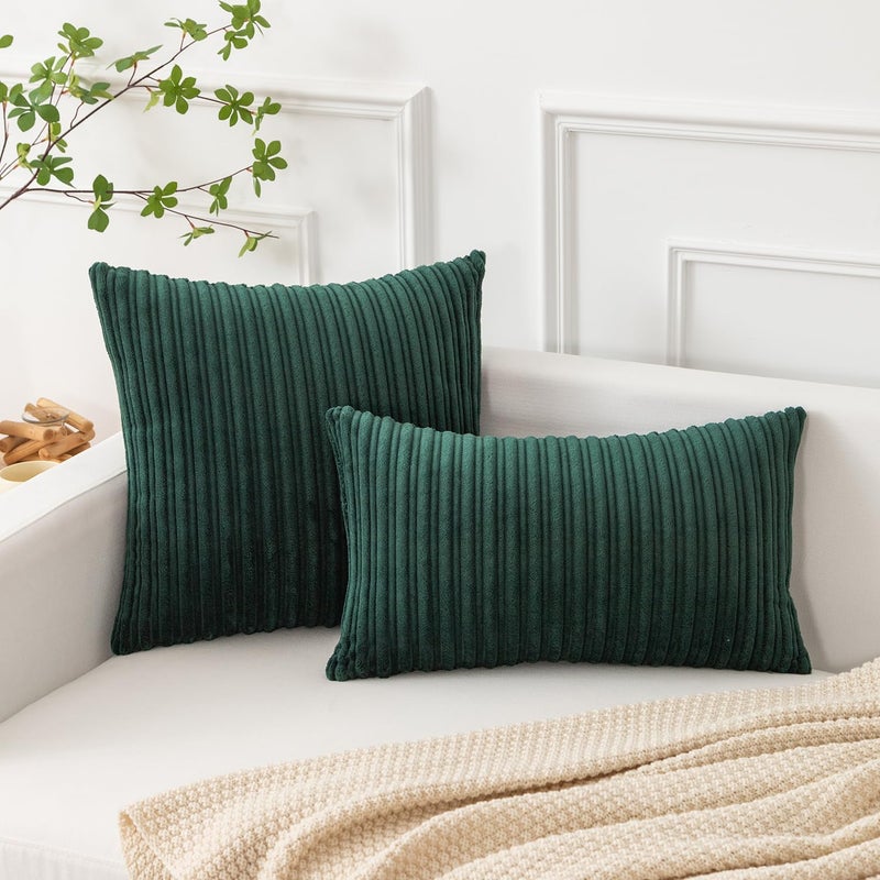 K KEVIN TEXTILE Kevin Textile Large Throw Pillow Covers for Living Room Striped Plush Green Corduroy Pillow Covers for Spring Travel  24 x 24 Inch  Dark Green  - Image 4