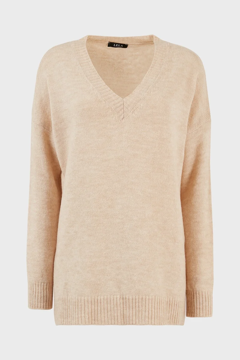 ليلا Regular Fit V-Neck Long Knitwear Sweater with Slits on the Sides Women's SWEATER 4616140