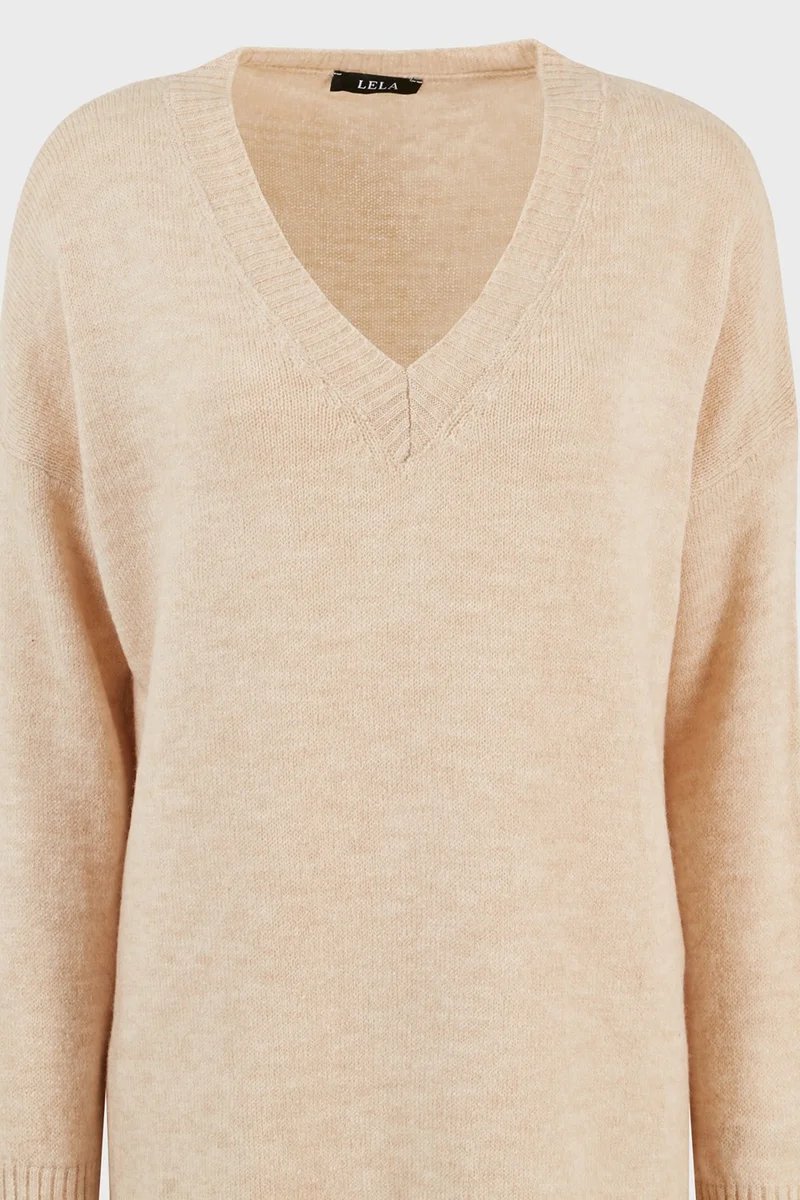 ليلا Regular Fit V-Neck Long Knitwear Sweater with Slits on the Sides Women's SWEATER 4616140