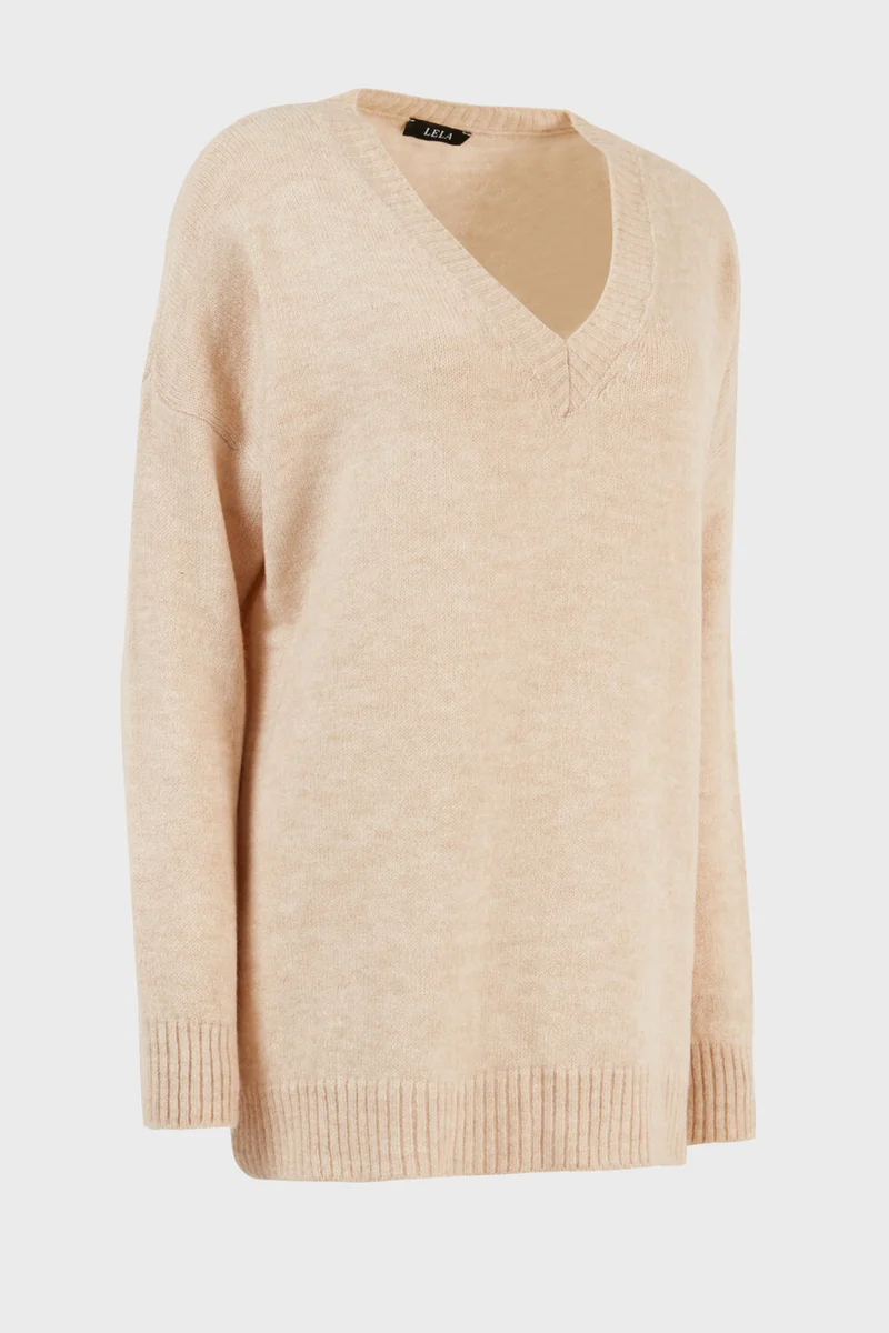 ليلا Regular Fit V-Neck Long Knitwear Sweater with Slits on the Sides Women's SWEATER 4616140
