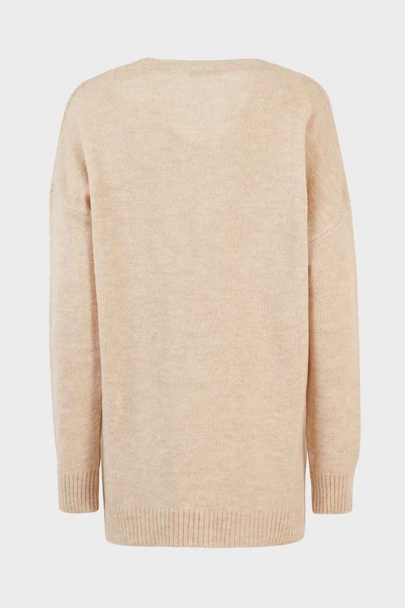ليلا Regular Fit V-Neck Long Knitwear Sweater with Slits on the Sides Women's SWEATER 4616140