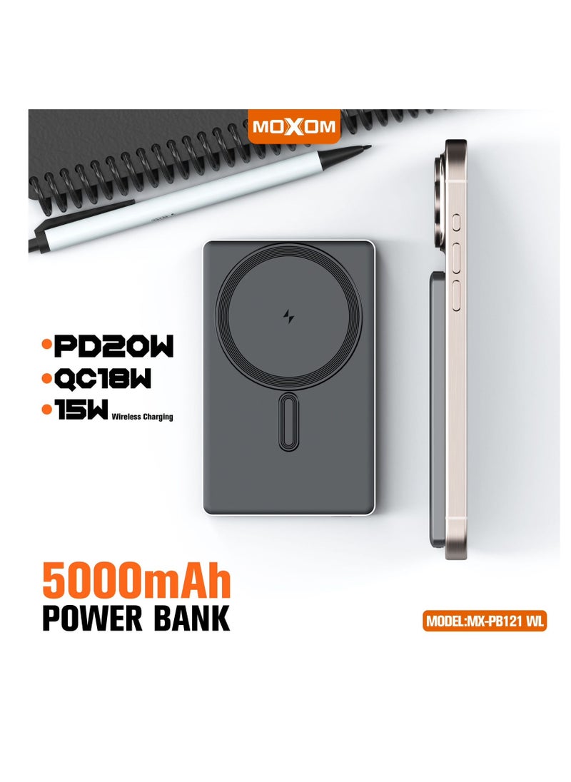 MOXOM MX-PB121 5000mAh Slim and Compact Design Power Bank - PD20W, QC18W, 15W Magnetic Charging for Fast Charging  - Image 2