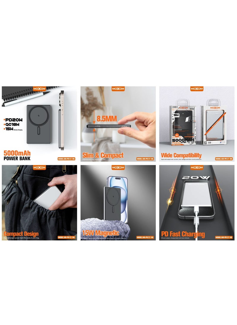 MOXOM MX-PB121 5000mAh Slim and Compact Design Power Bank - PD20W, QC18W, 15W Magnetic Charging for Fast Charging  - Image 5
