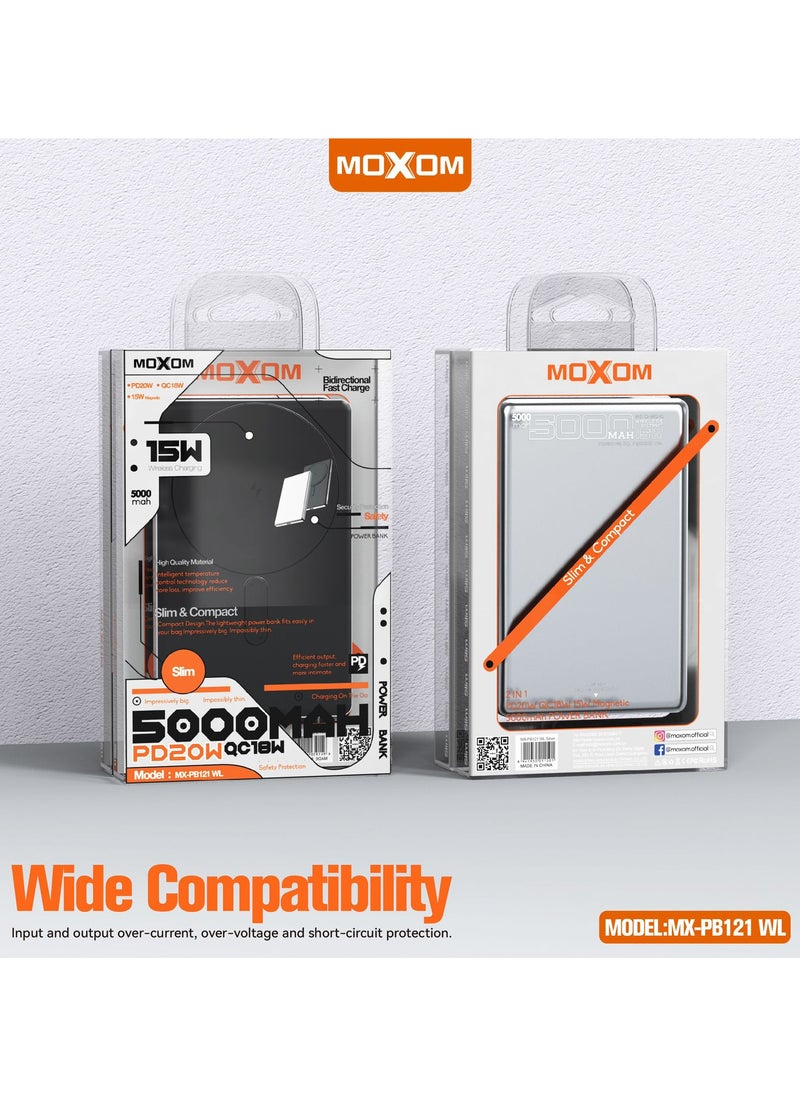 MOXOM MX-PB121 5000mAh Slim and Compact Design Power Bank - PD20W, QC18W, 15W Magnetic Charging for Fast Charging  - Image 3