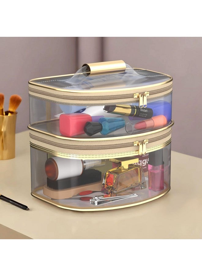 Hearts Travel Storage Organizer | Dual Layer Cosmetic Bag With Handle | Transparent Jewellery Kit | Travel Makeup Pouch | Toiletries Storage Kit | D Shapedesign | Golden - Image 1