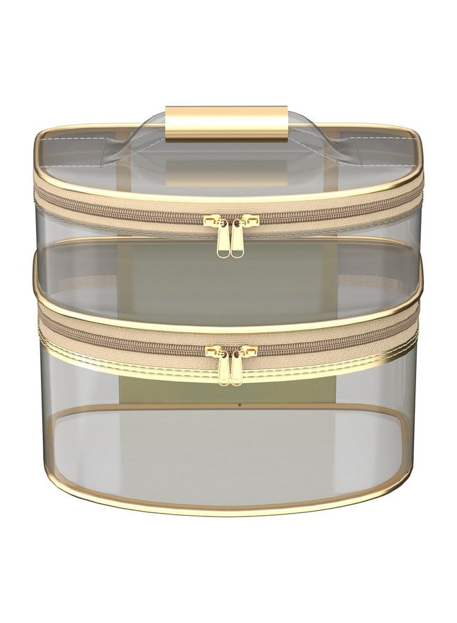 Hearts Travel Storage Organizer | Dual Layer Cosmetic Bag With Handle | Transparent Jewellery Kit | Travel Makeup Pouch | Toiletries Storage Kit | D Shapedesign | Golden - Image 2