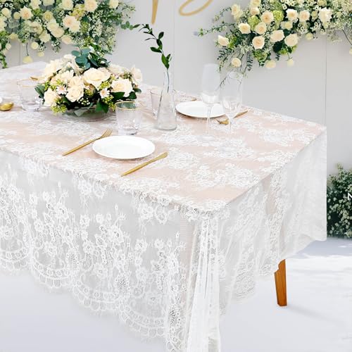 B.Cool B-COOL 2 Pieces 60x120 Inch Lace Table Cloths Farmhouse Rustic White Tablecloth for Bridal Shower Flower Table Linen Outdoor Decorations - Image 1